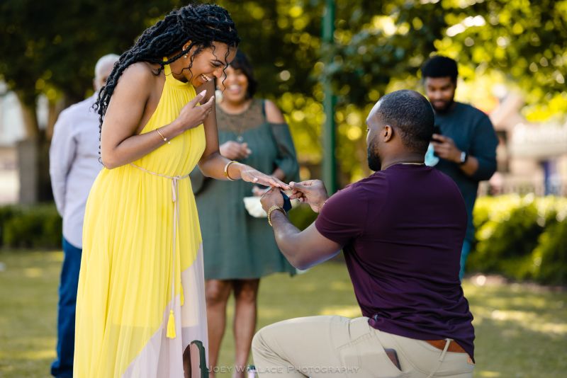 African American wedding proposal at the Centennial Park in Atlanta